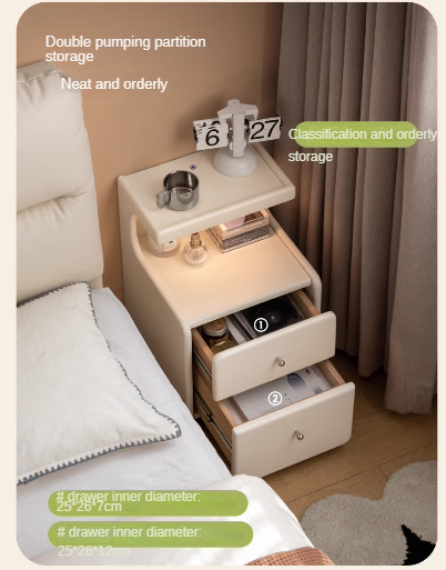 Solid RubberWood Movable Cream Style Nightstand With Light