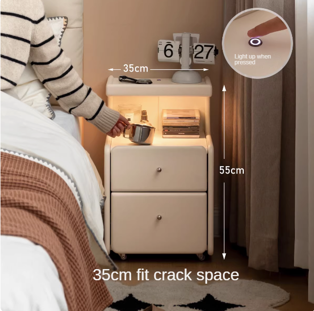 Solid RubberWood Movable Cream Style Nightstand With Light