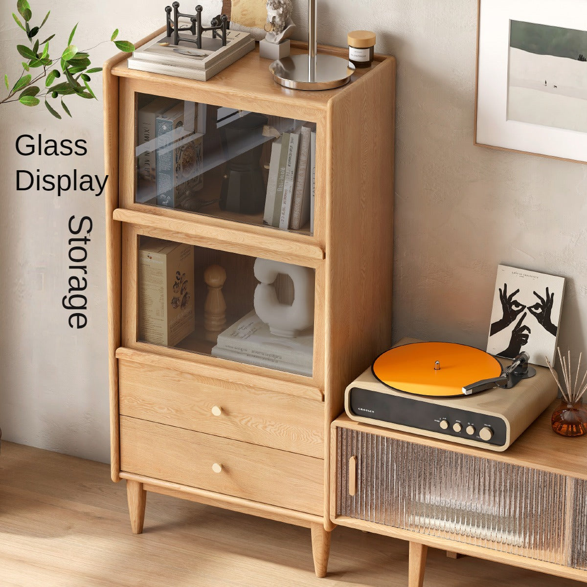 Oak, Ash Solid Wood Flip Door Side Cabinet LED Light