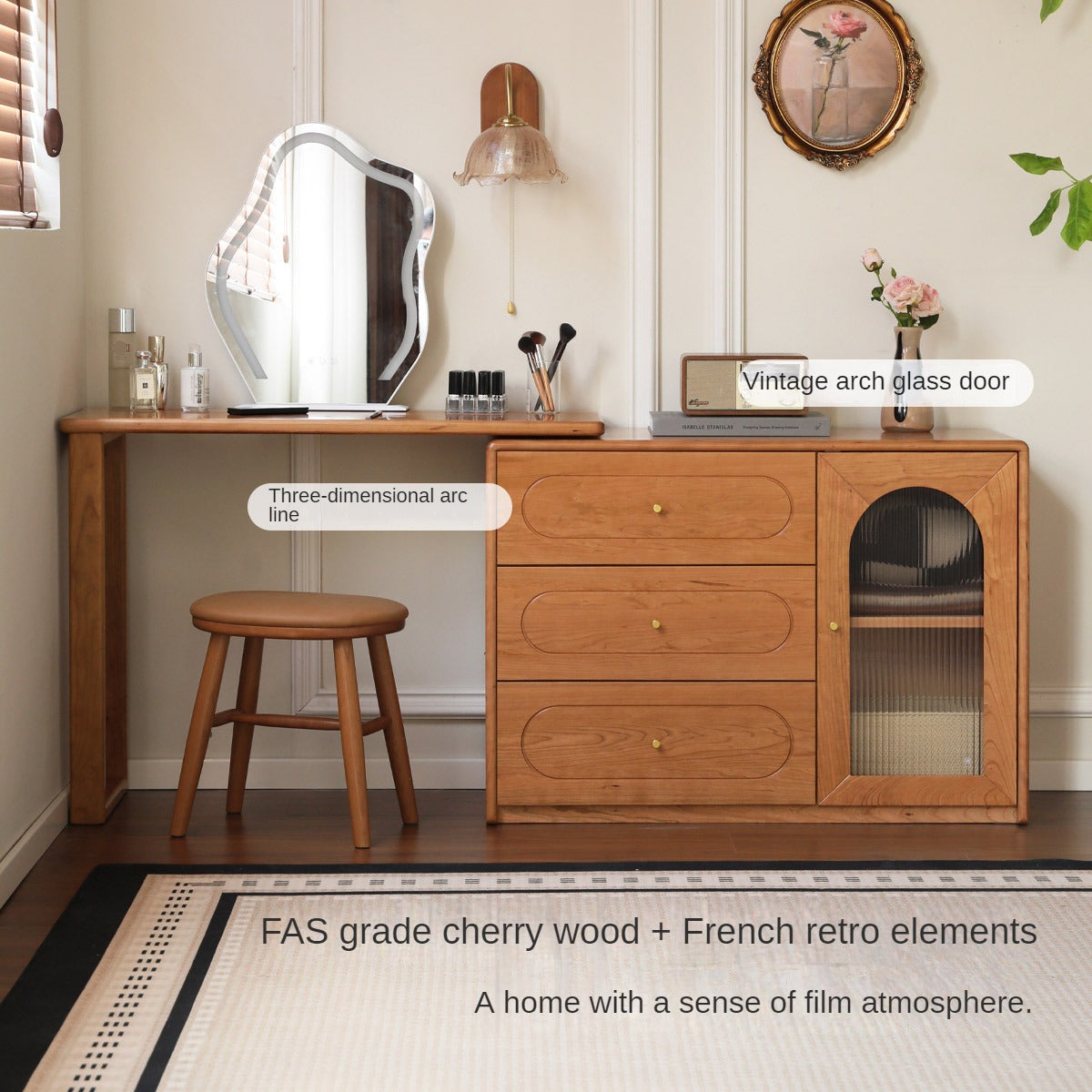 Cherry Solid Wood Retractable French Retro Dressing Table.