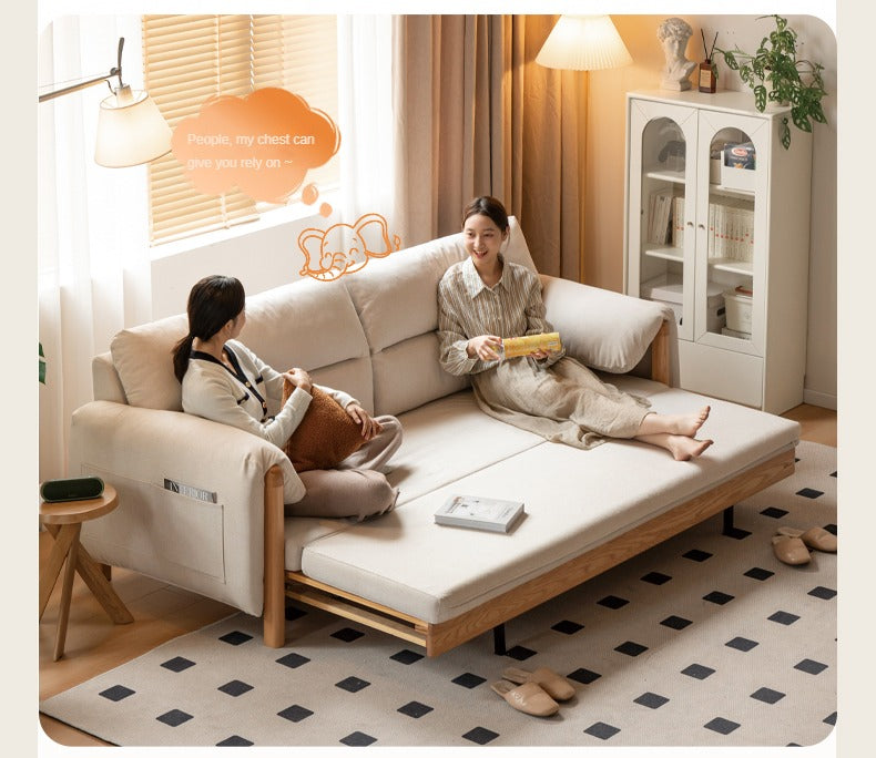 Oak Solid Wood Sitting and Sleeping Retractable Sofa Bed.