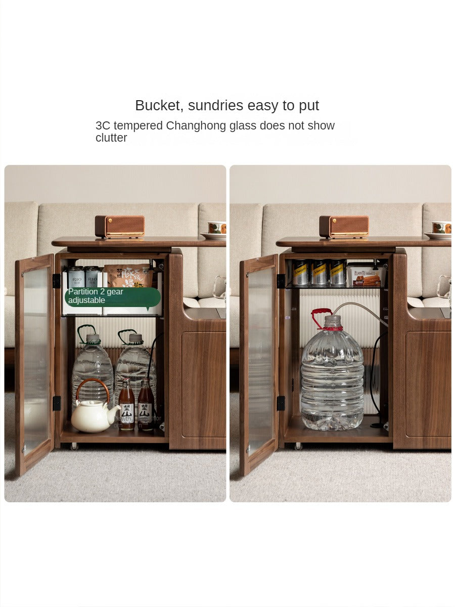 Black Walnut, Oak Solid Wood Movable Tea Cabinet With Tea Maker