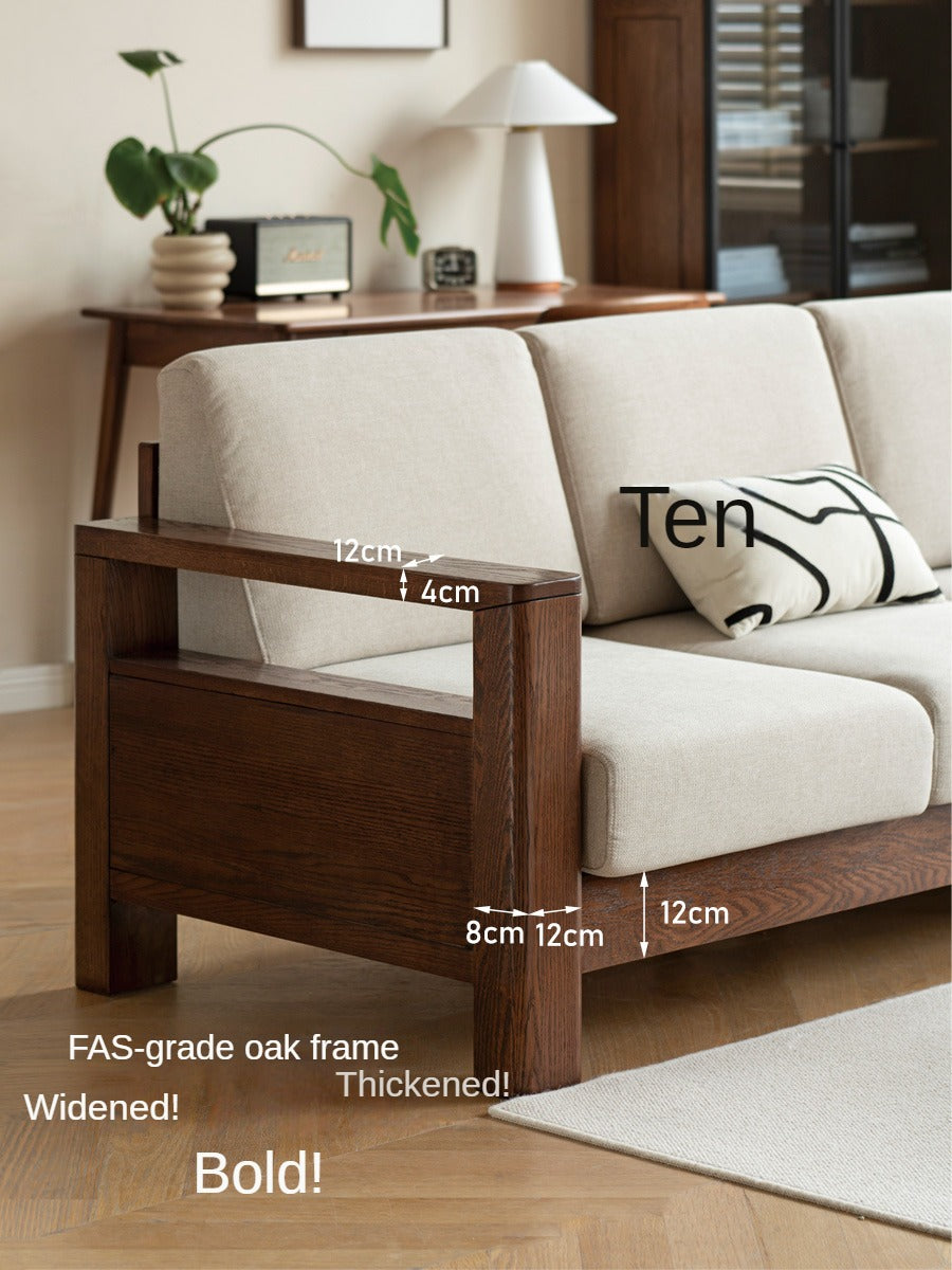 Oak, Solid Rubberwood Walnut Color Fabric Sofa.