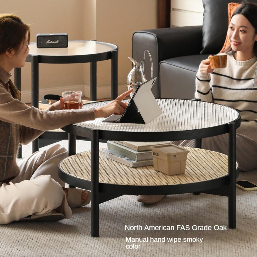Oak Solid Wood Rattan Black Glass Round Coffee Table