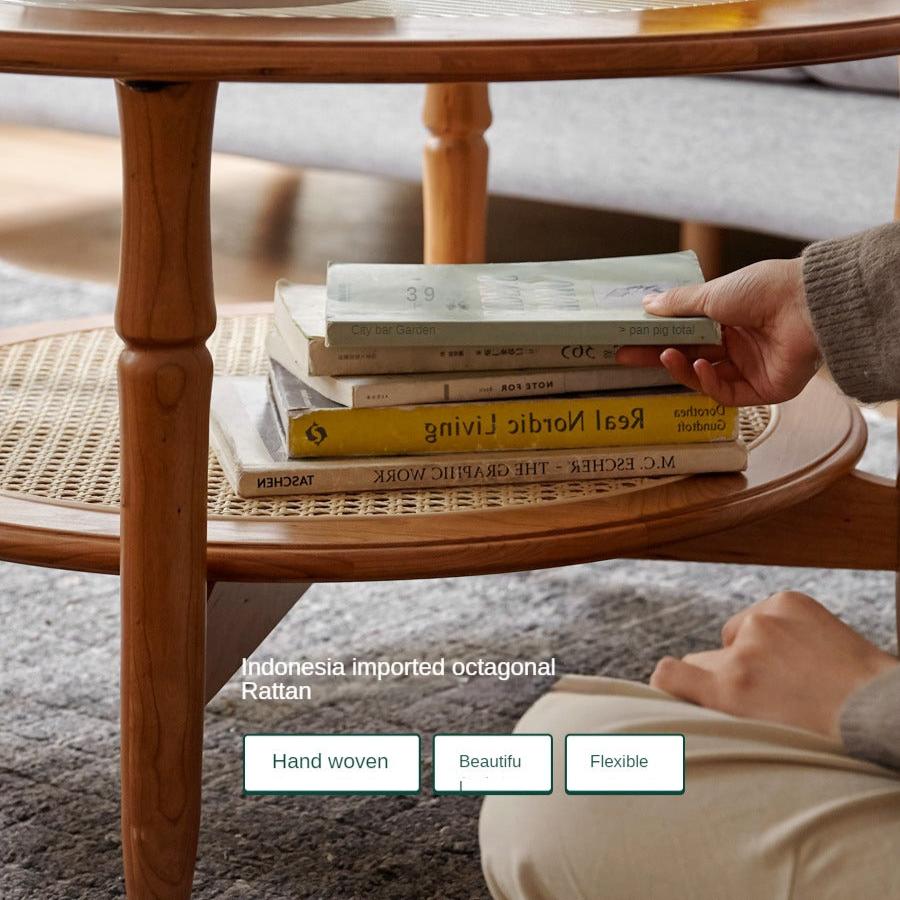 Cherry Wood Solid Wood Glass Round Coffee Table