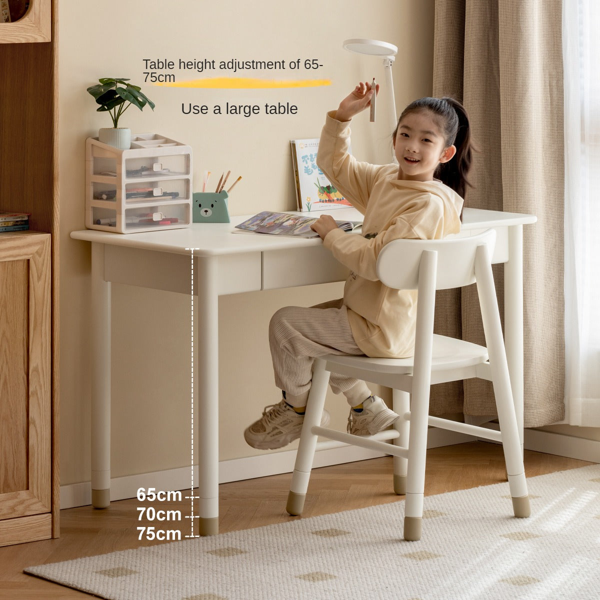 Poplar Solid Wood, Solid Rubberwood Kids Elevated Learning Cream Drawer Table
