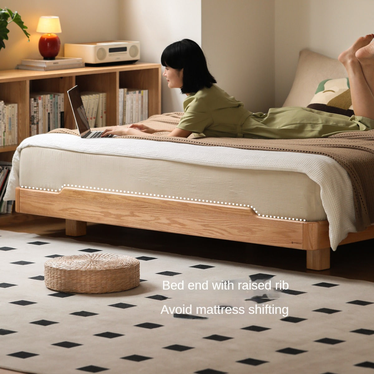 Oak, Beech Solid Wood Modern Platform Bed, Headboard-Free Suspended Bed with Light