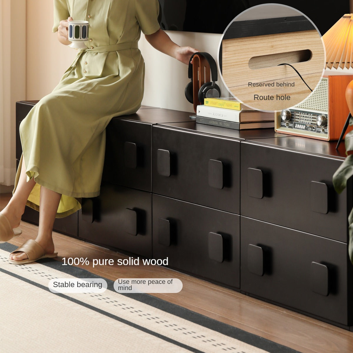 Poplar Solid Wood TV French Retro Floor Module Combination Side Cabinet.