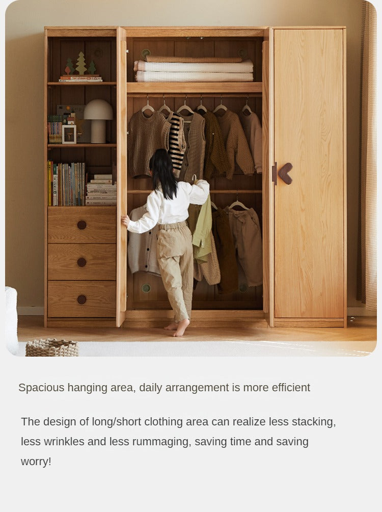 Oak Solid Wood Children's Wardrobe, Bookcase Combination