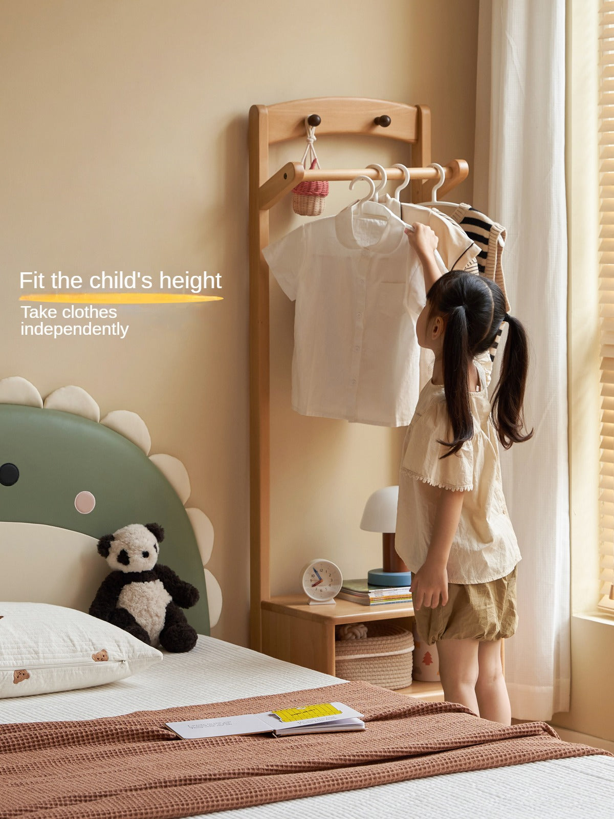 Beech Solid Wood Children's Clothes Rack, Nightstand