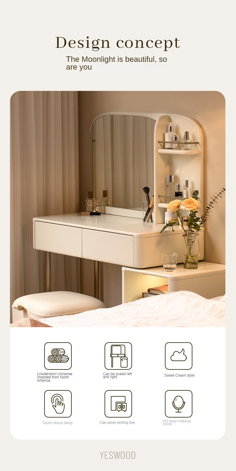Poplar Solid Wood Dressing Table, Storage Cabinet Cream.