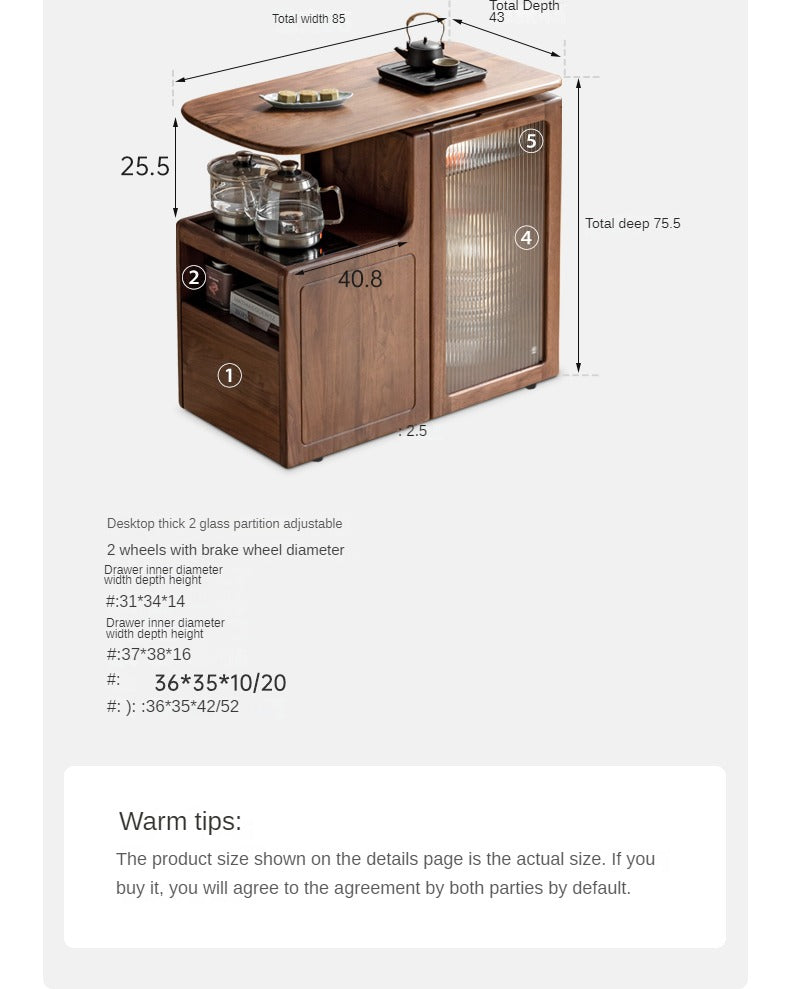 Black Walnut, Oak Solid Wood Movable Tea Cabinet With Tea Maker