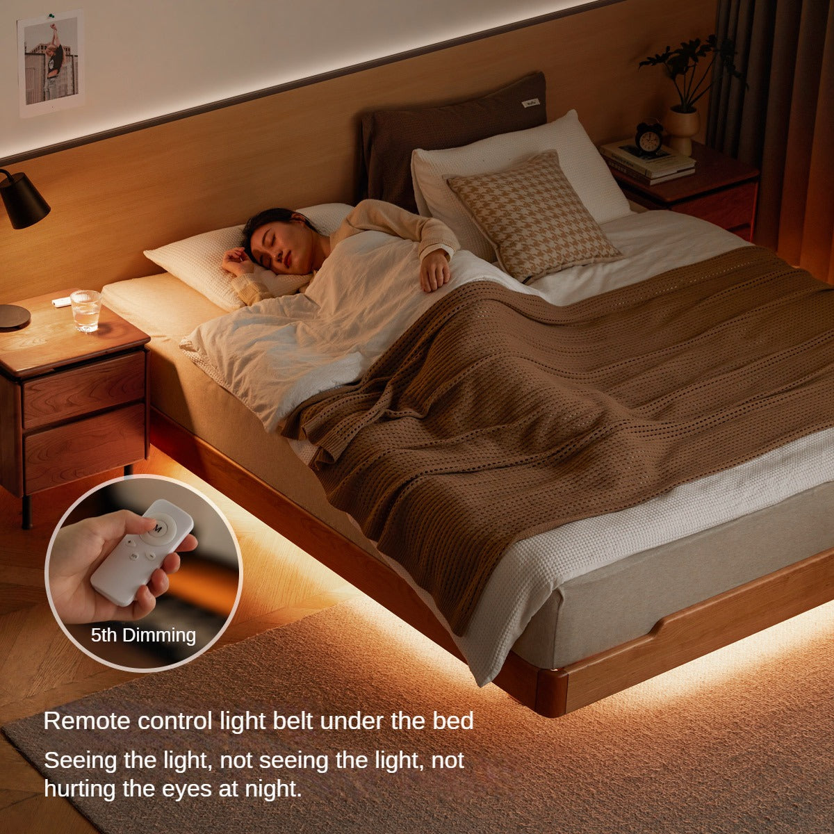 Cherry Wood Solid Wood platform bed, headboard-free bed with Light.