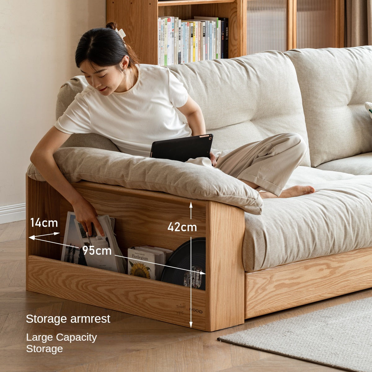 Oak Solid Wood Floor Storage Sofa, Goose Down.