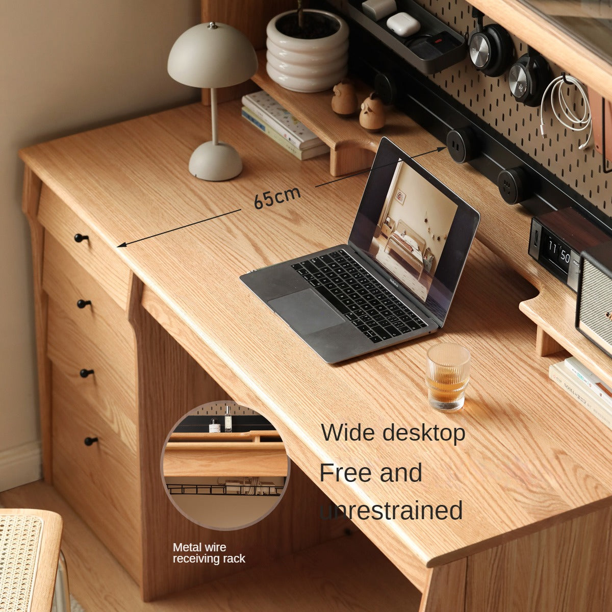 Oak, Cherry Solid Wood Desk Bookshelf Integrated Warm Light