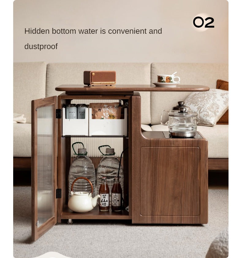 Black Walnut, Oak Solid Wood Movable Tea Cabinet With Tea Maker