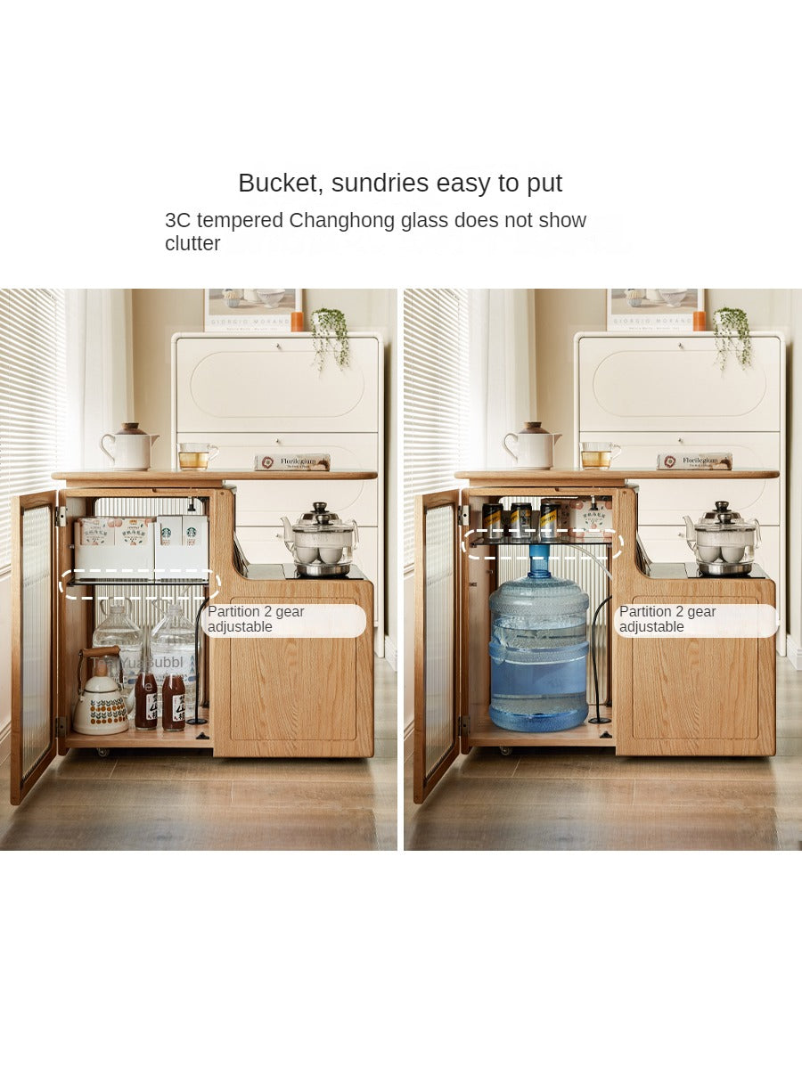 Oak, Black Walnut Solid Wood Movable Tea Cabinet With Tea Maker