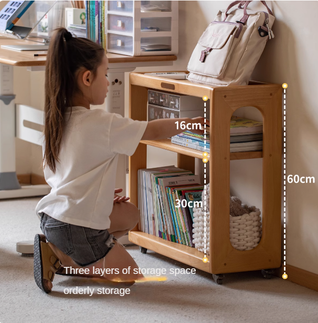 Beech Solid Wood Children's Under-Table Bookshelf with Wheels