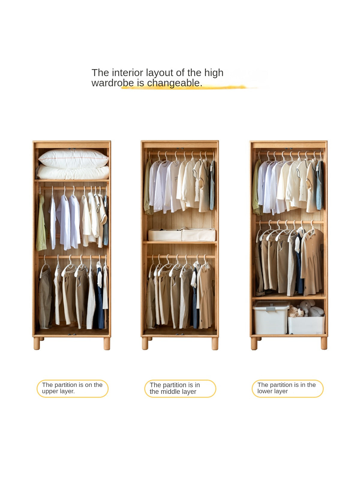 Oak Solid Wood Children's Wardrobe Combination Storage Cabinet