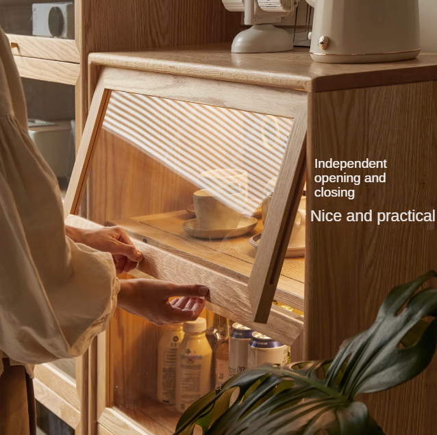 Solid Rubberwood, Oak Solid Wood Multi layer Flip Door Glass Bookcase