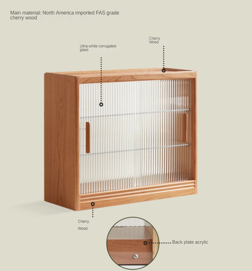 Cherry Solid Wood Glass Sliding Door Sideboard.