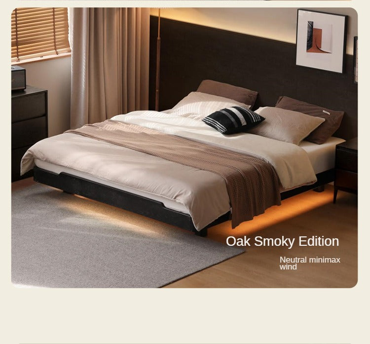 Cherry Wood Solid Wood platform bed, headboard-free bed with Light.