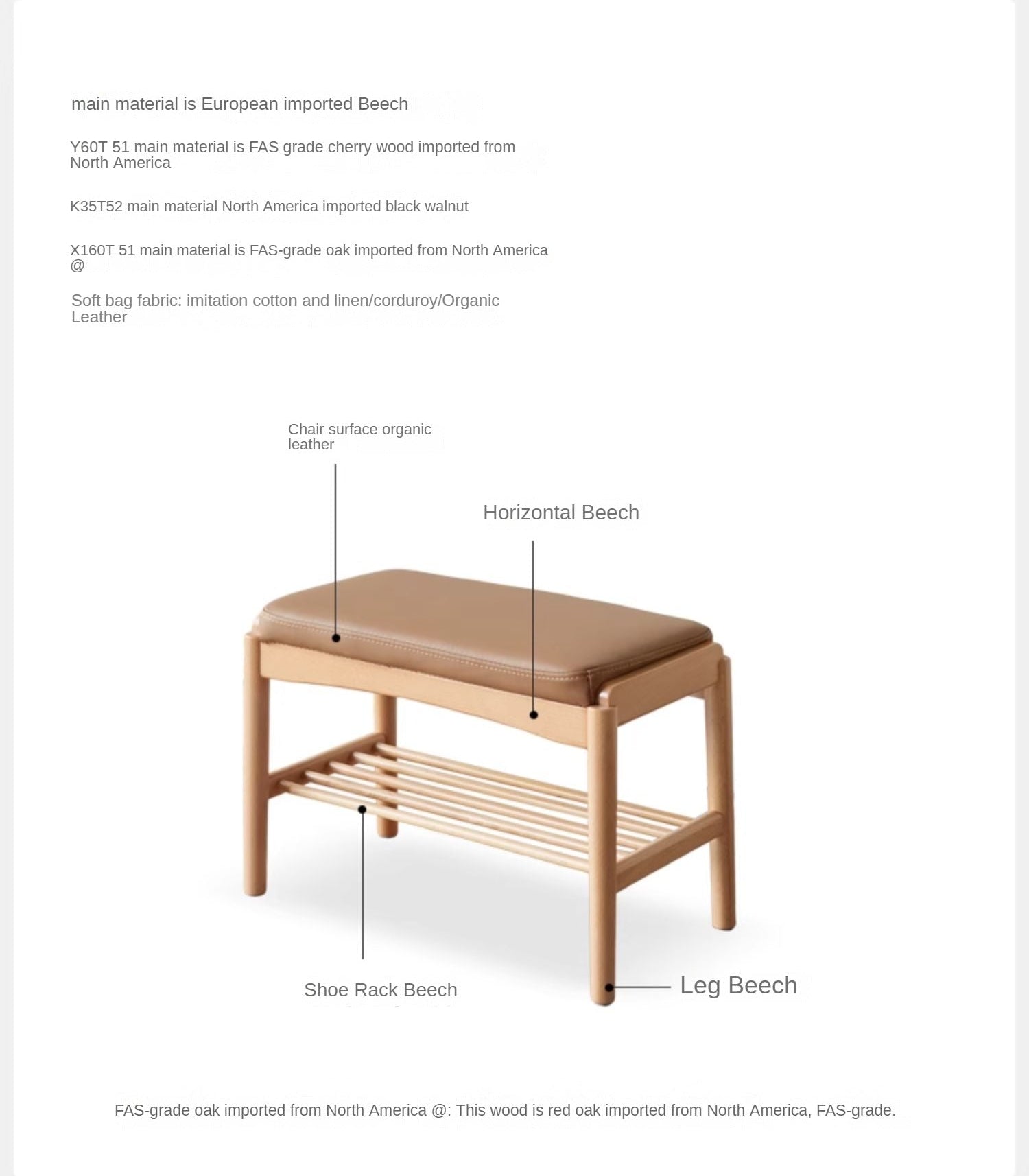 Back Walnut, Oak, Beech, Cherry Solid Wood Shoe Storage Bench