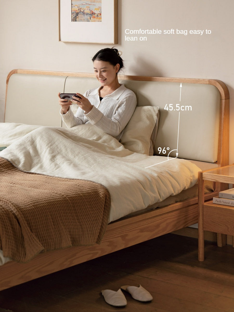 Oak Solid Wood Bed Modern Genuine Leather,Technology Cloth, Fabric