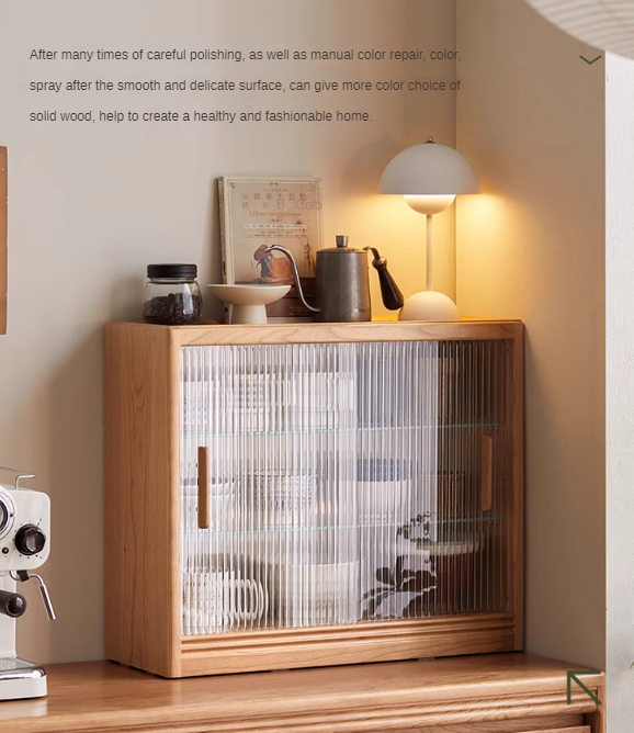 Cherry Solid Wood Glass Sliding Door Sideboard.