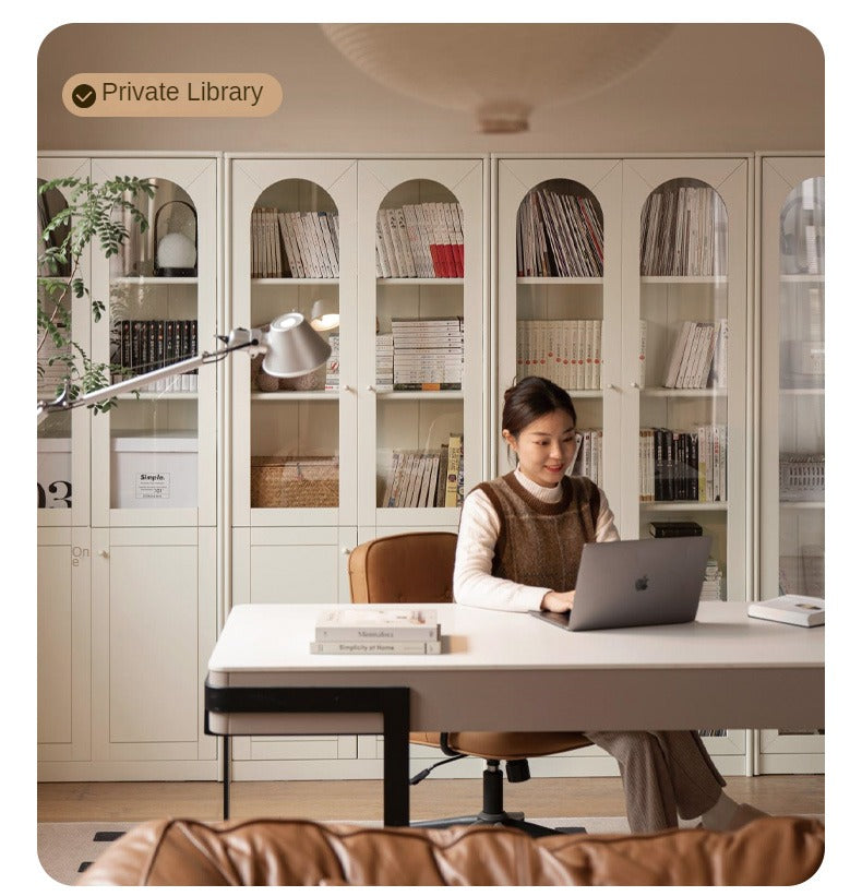 Poplar Solid Wood Bookcase White With Glass Door Whole Wall Combination French Cream Style
