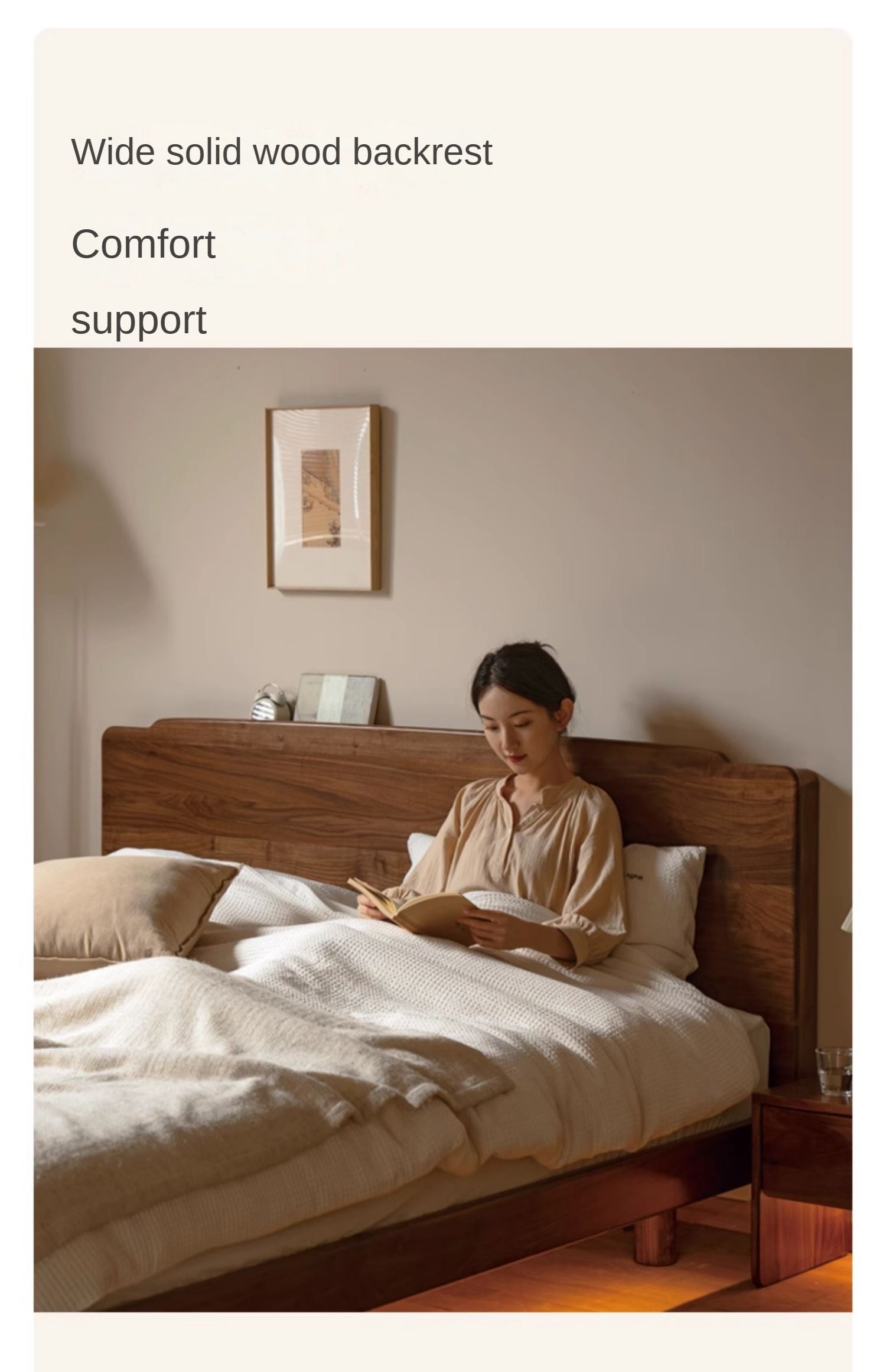Black Walnut, Ash Solid Wood Big Bed with Light