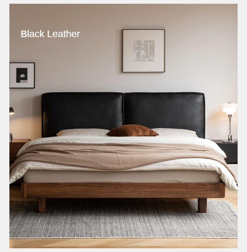 Teak, Black Walnut Solid Wood Genuine Leather Suspended Bed with Light