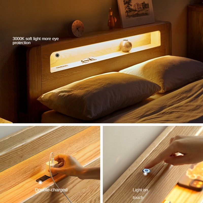 Oak, Beech Solid Wood With Light And Bookshelf Bed