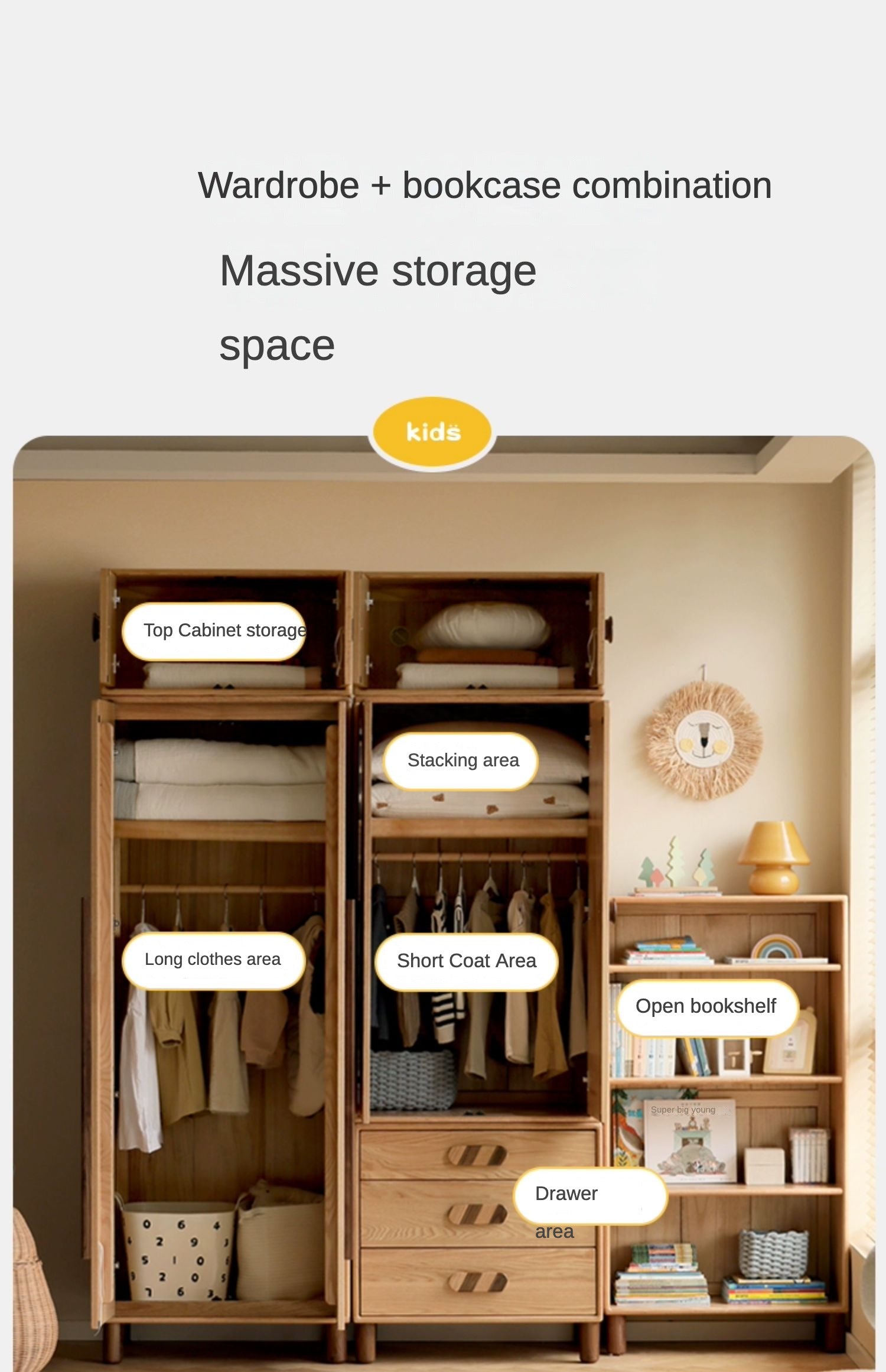 Oak Solid Wood Wardrobe Bookcase Free Combination