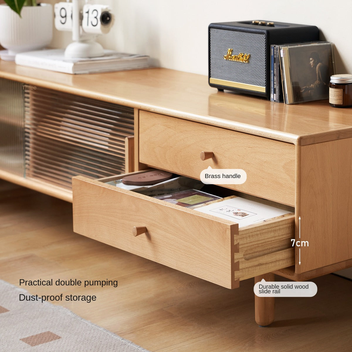 European Beech Solid Wood Large Capacity TV Cabinet.