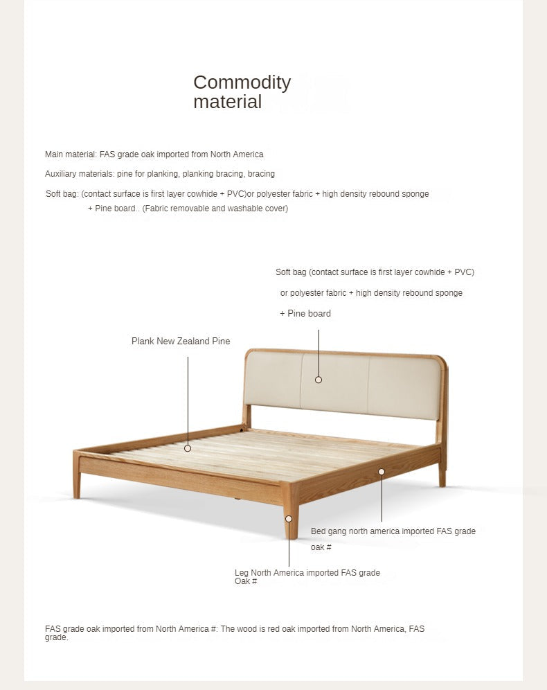 Oak Solid Wood Bed Modern Genuine Leather,Technology Cloth, Fabric