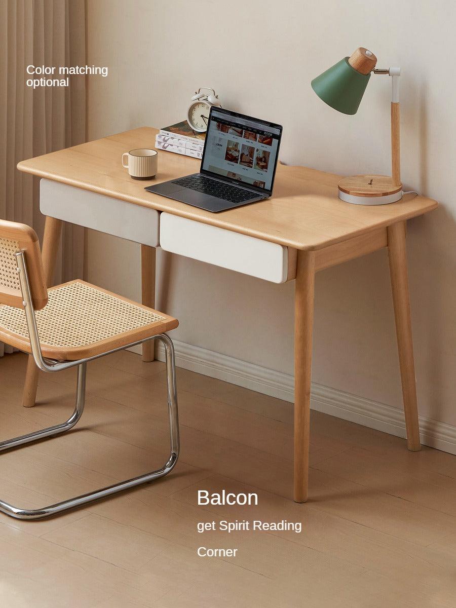 Beech Solid Wood Office Desk with 2 Drawers
