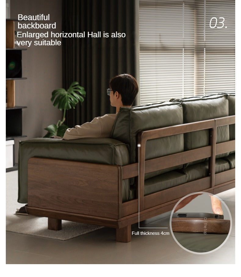 Black Walnut Solid Wood Leather Sofa.