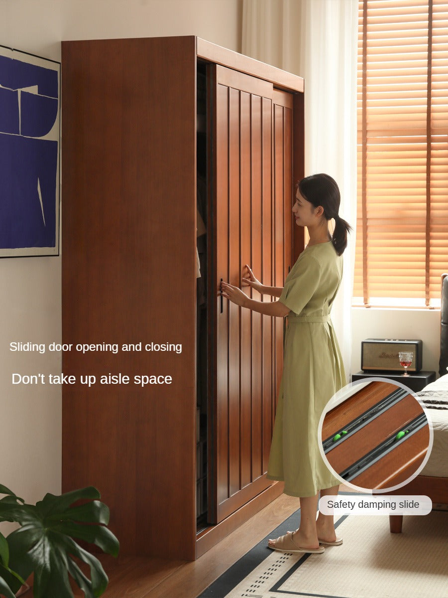 Poplar Solid Wood Wardrobe Retro Sliding Door Wardrobe.