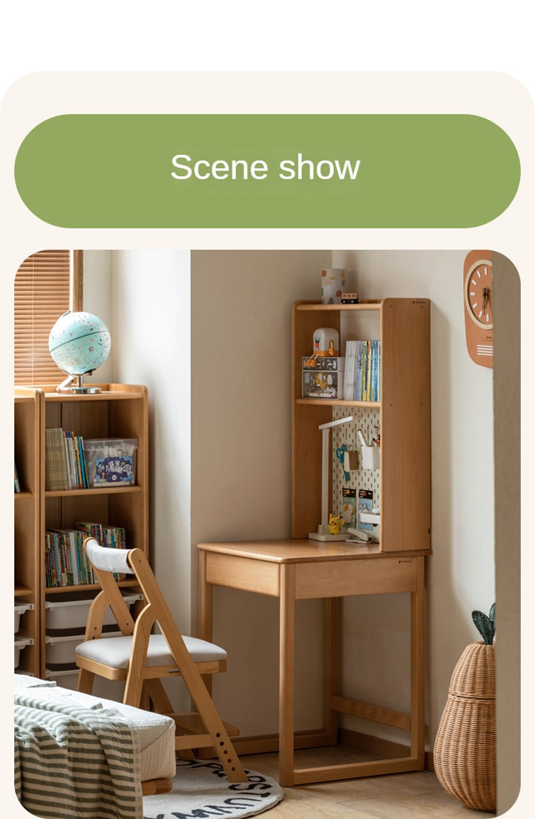 Beech, Rubber Solid Wood Children's Desk Bookshelf Integrated