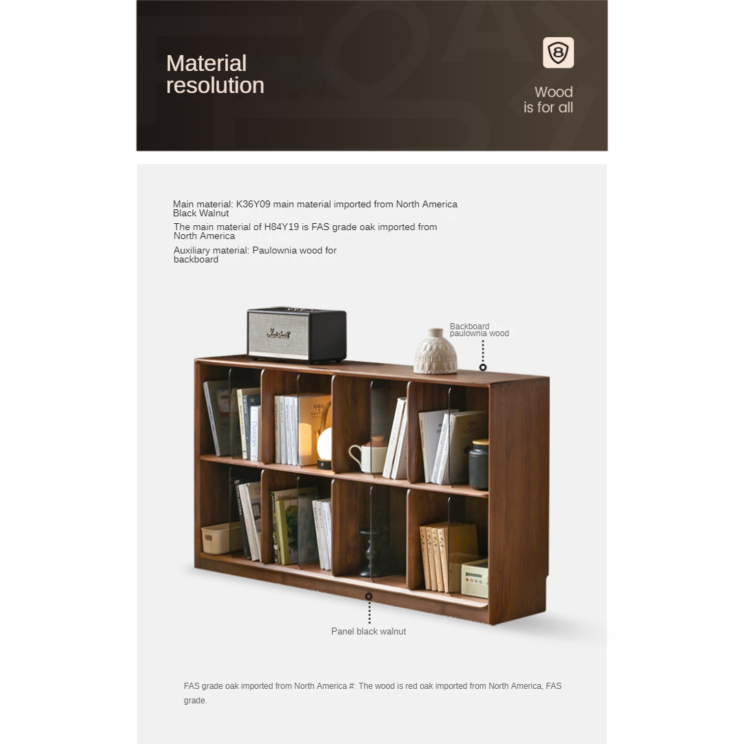 Black Walnut, Oak Solid Wood Bookcase Modern Storage Cabinet.