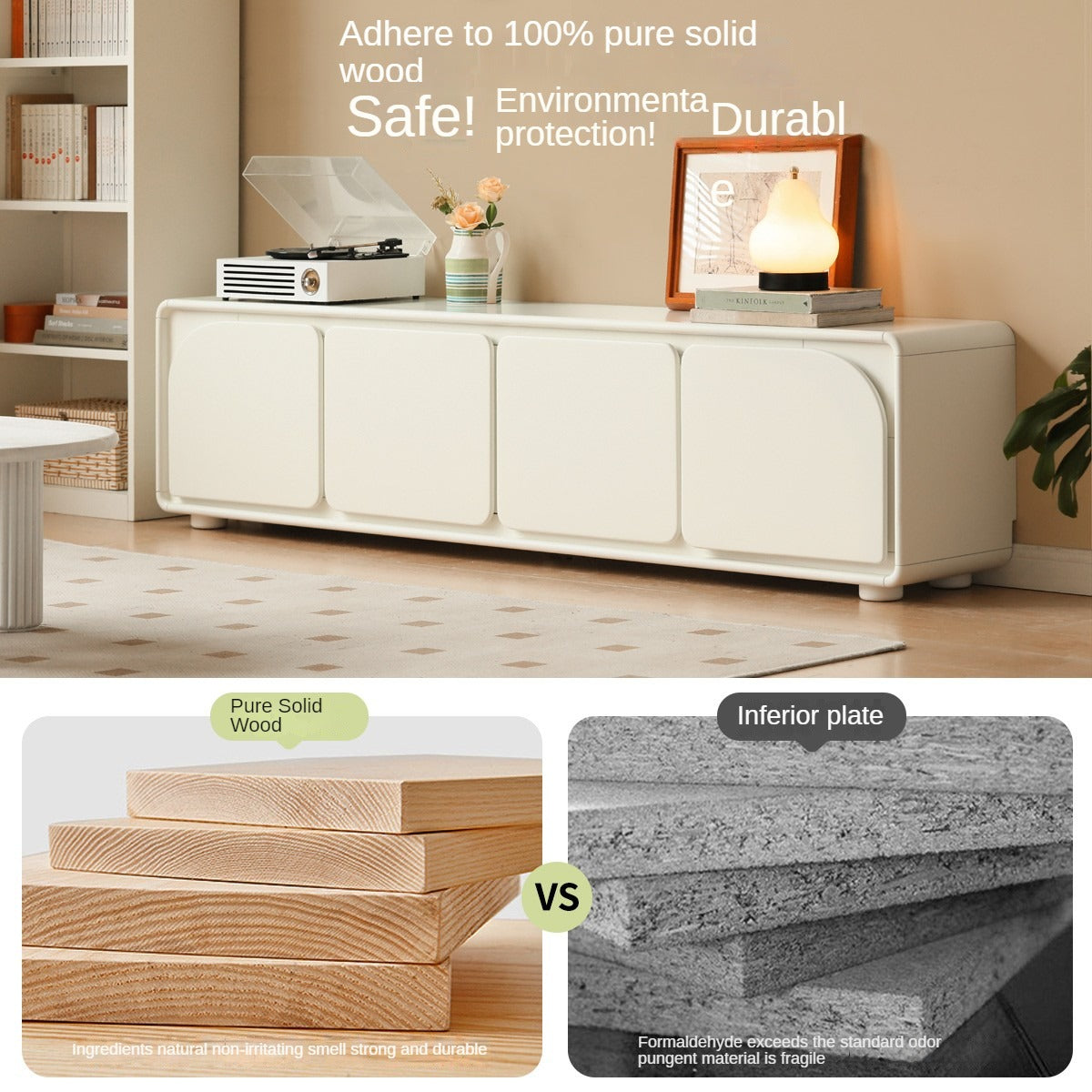 Poplar Solid Wood TV Cabinet Cream Style Floor Cabinet.