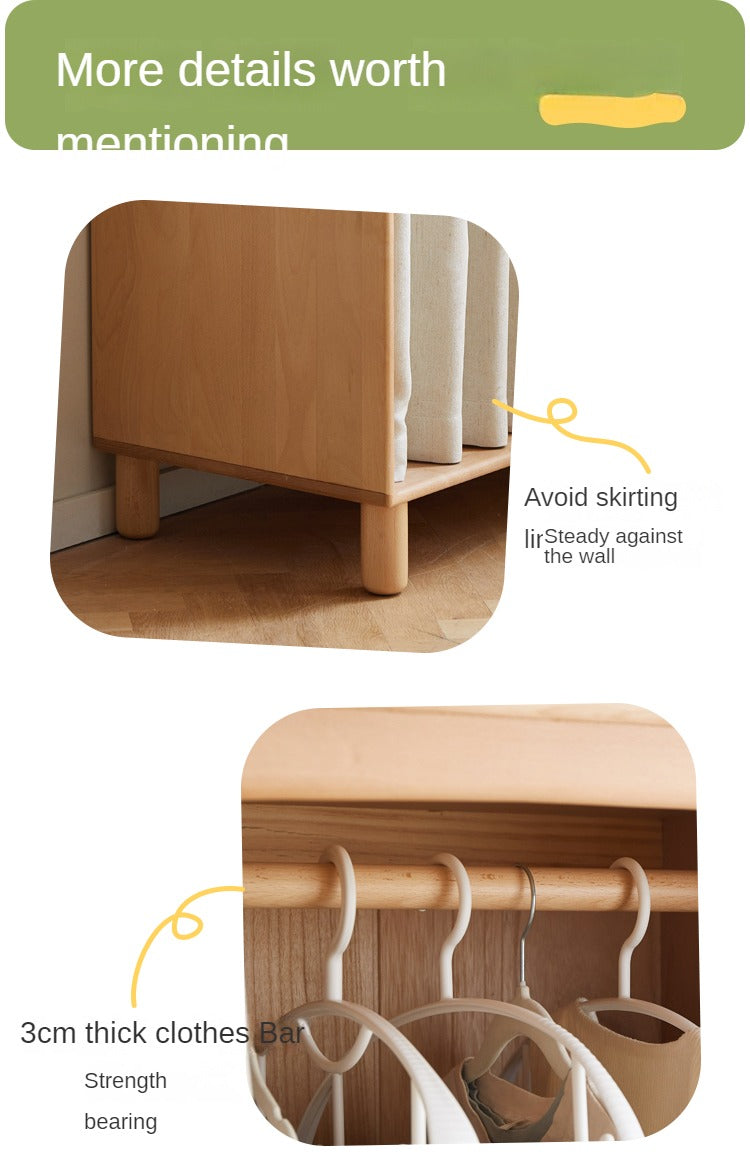 Beech, Rubber Solid Wood Children's Wardrobe,Combination Storage Cabinet