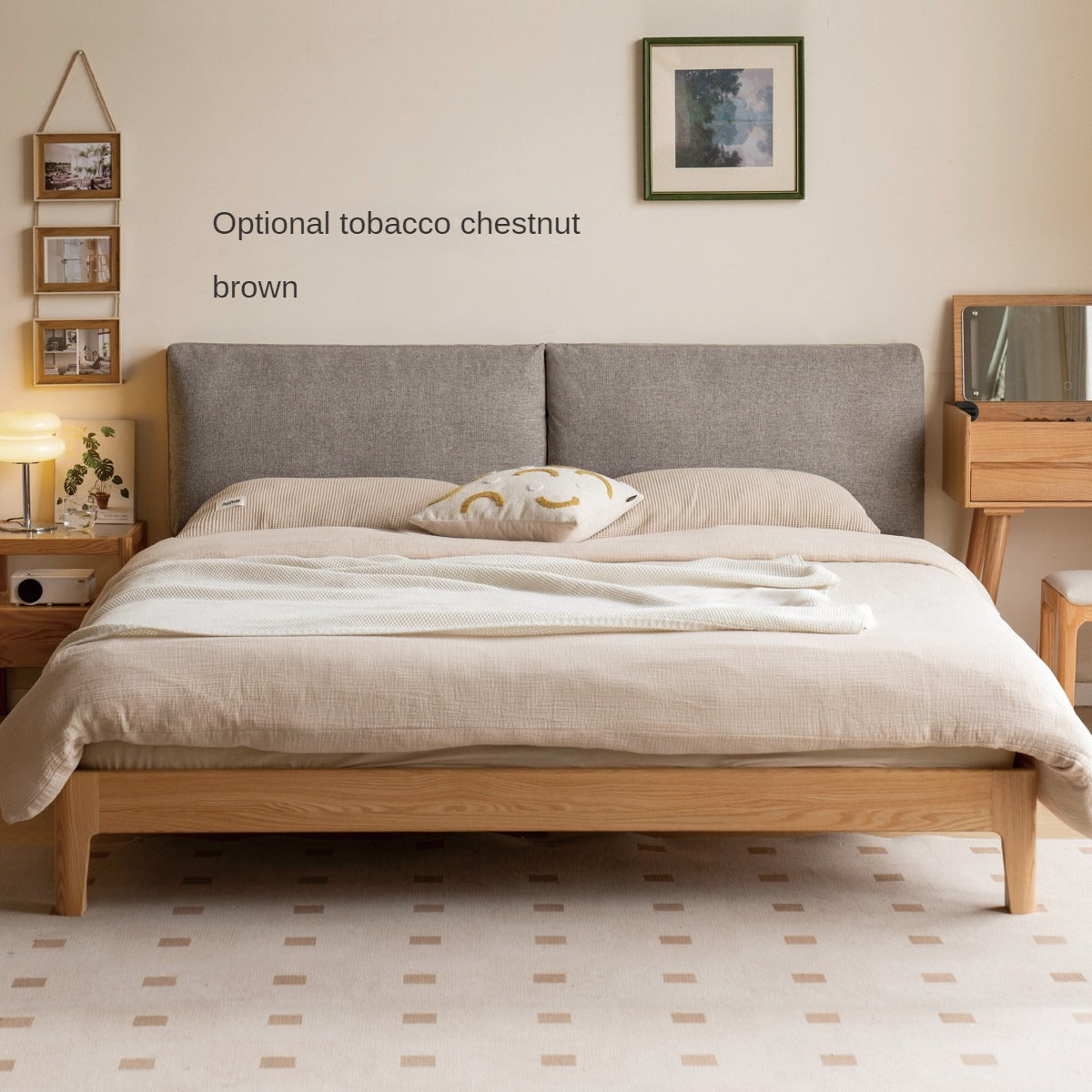 Beech, Oak, Black Walnut Solid Wood Fabric Soft Bed