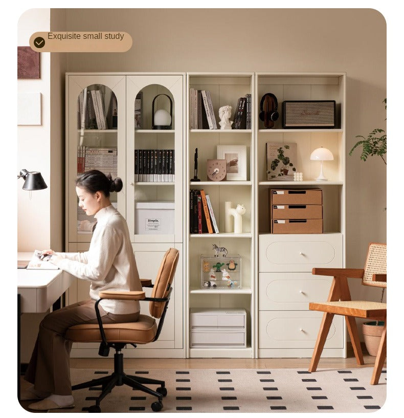 Poplar Solid Wood Bookcase White With Glass Door Whole Wall Combination French Cream Style