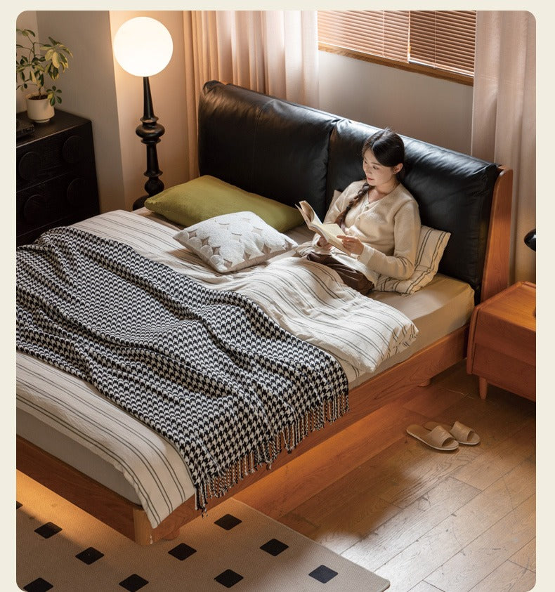 Cherry solid wood leather soft suspended bed