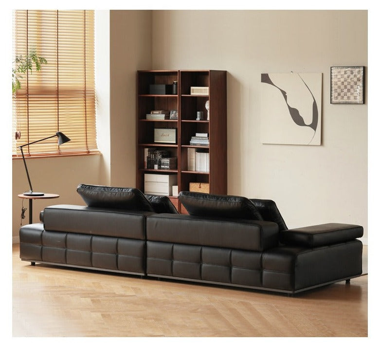 Leather Sofa Italian Black Straight Head Layer Yellow Cowhide.