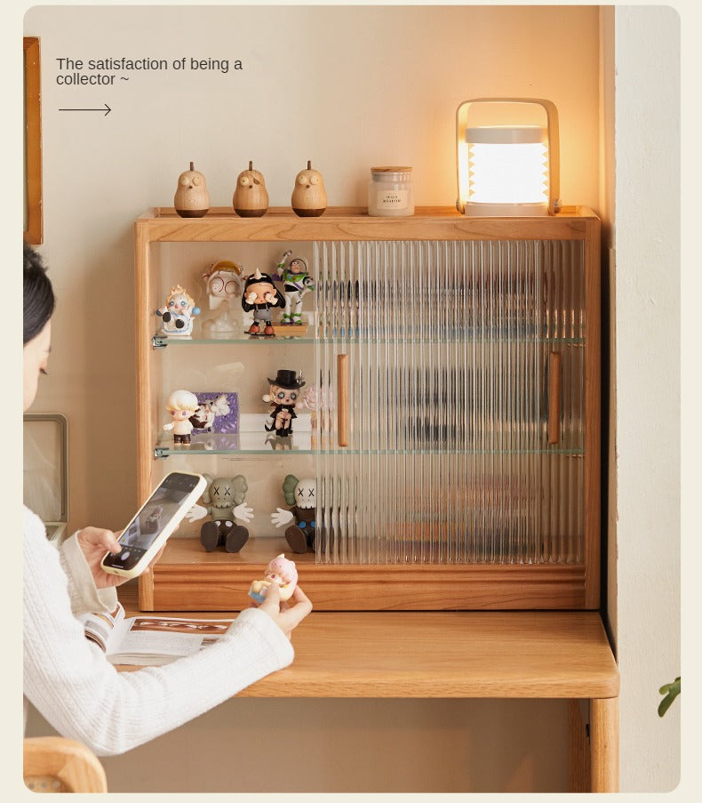 Cherry Solid Wood Glass Sliding Door Storage Cabinet.