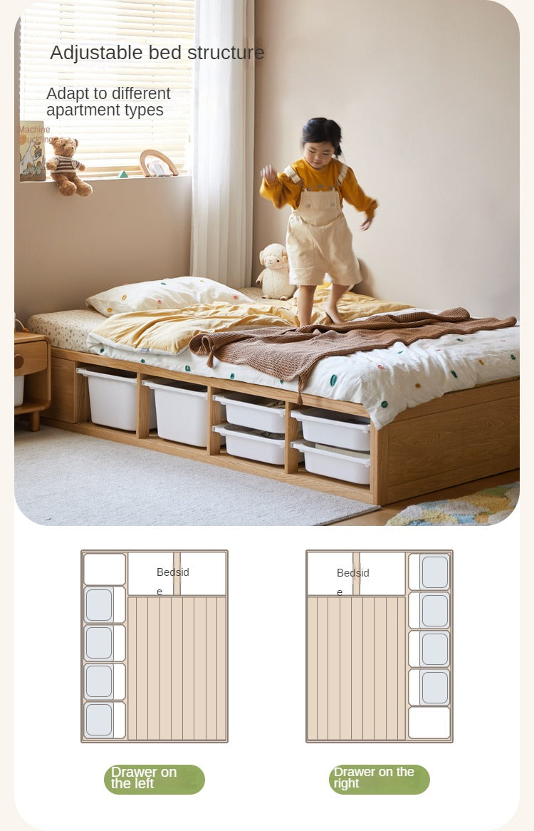 Rubberwood, Oak Solid Wood Children's Box Platform Bed, Headboard-Free Bed