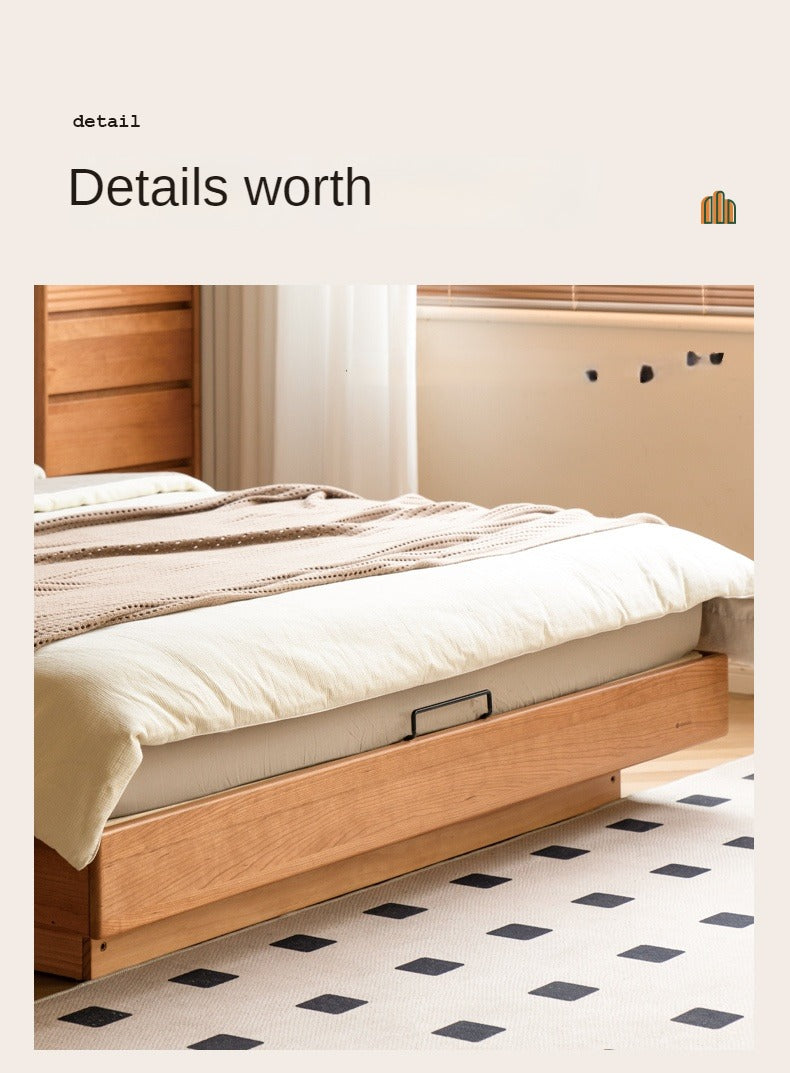 Cherry Solid Wood Box Bed Top Genuine Leather, Corduroy Suspended Bed